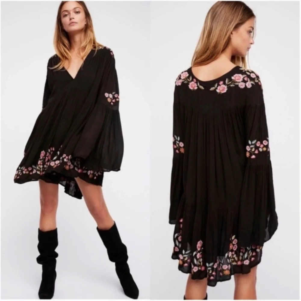 Free People Black Mini Dress with Pink Floral Embroidery